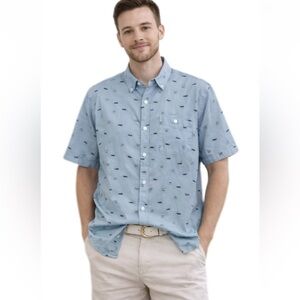 American Threads Men's L Blue Graphic Print Canoes Mountains Button-Up Shirt